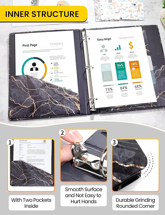SUNEE 3 Ring Binder, 1 Inch, Cute Binder with 2 Pockets, Decorative Black Marble Heavy Duty (Fit 8.5x11 Inches) for School & Office