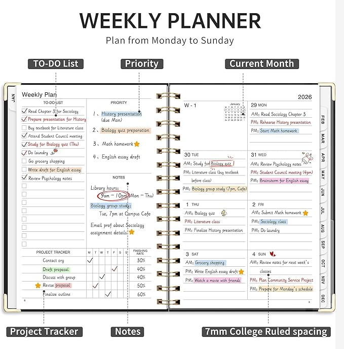 2026 Planner, Weekly and Monthly, A5 Size (5.7" x 8.3"), Jan 2026 - Dec 2026, Calendar, To-do List, Agenda, 12-Month Tabs, Hardcover, 100 GSM Thick Paper, Spiral-bound (Black)