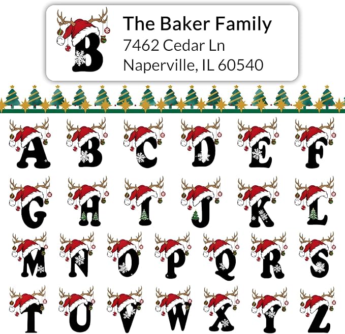 Personalized Christmas Address Labels - Custom Address Labels with Monogram (Reindeer Topper)