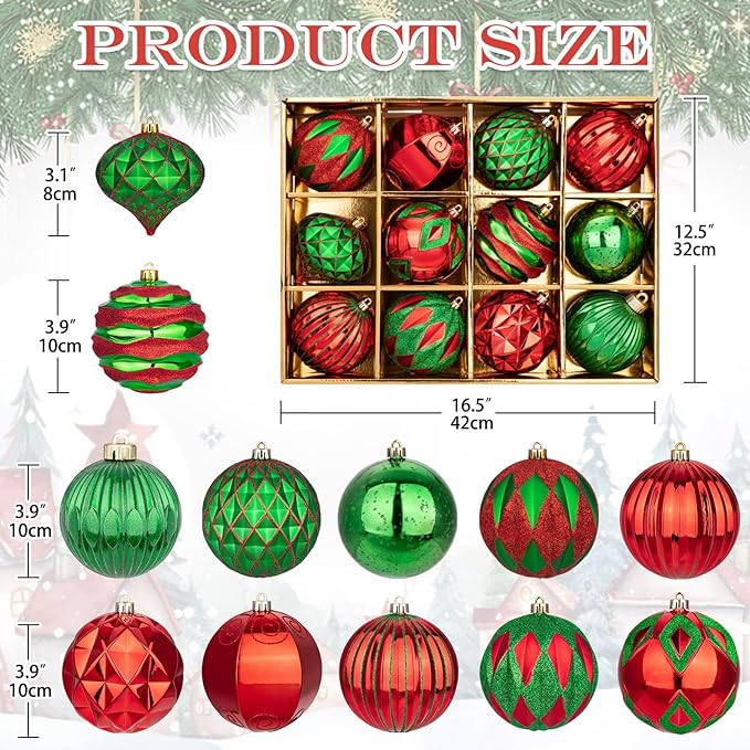 Hollyone 4 Inch Red & Green Christmas Ornaments - 12 Pcs Shatterproof Balls for Xmas Tree Decor & Holiday Party Wreath (Red & Green, 100mm)
