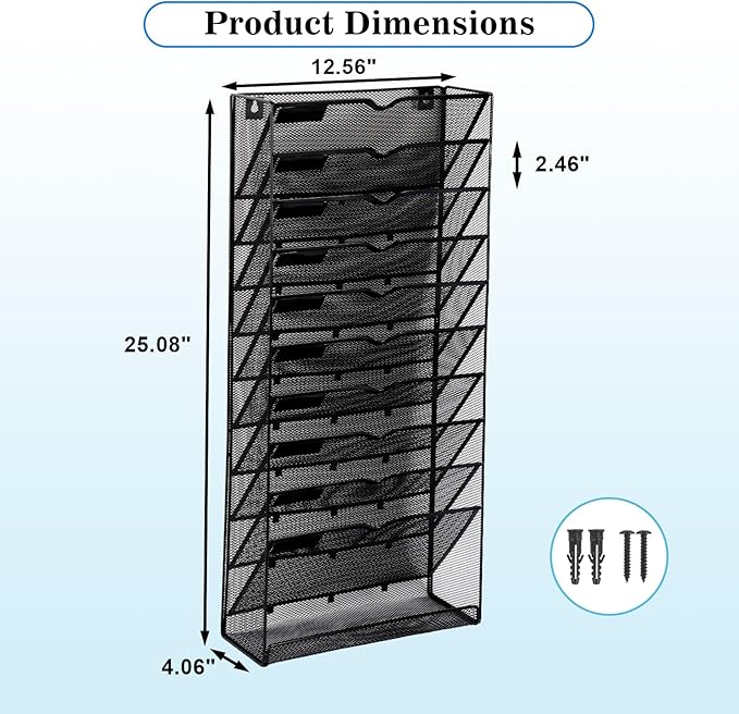EASEPRES Desk File Organizer Mesh 11-Tier, Hanging Wall Mount Document Organization Stand, Desktop Vertical Mail Paper Folder Holder Rack with Bottom Tray for Office Home Cubicle Countertop, Black