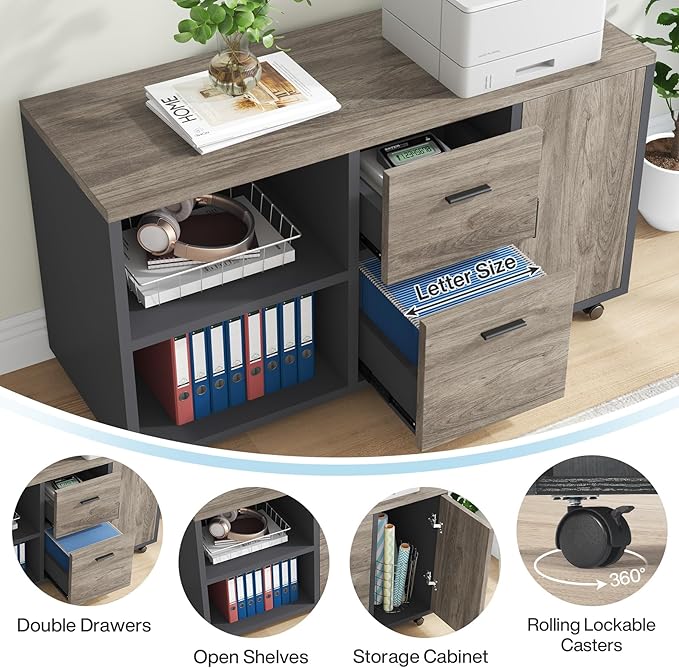 Tribesigns 70.8" Large Executive Office Desk and 47" Lateral File Cabinet Combo, L-Shaped Computer Desk Business Furniture with Drawers and Shelves, Home Office Workstation, Grey & Black