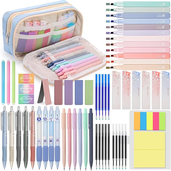 61 PCS Aesthetic School Supplies with Cute Pen Case, Pastel Highlighters, Gel & Erasable Pens, Mechanical Pencils, Refills, Complete Essentials Stationery Kit for Students (Blue)