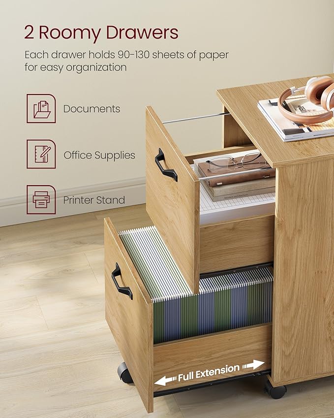 VASAGLE 2-Drawer File Cabinet, Small Rolling Filing Cabinet for Home Office, Printer Stand, for A4, Letter-Size Documents, 15.7 x 16.5 x 27.6 Inches, Straw Yellow UOFC040Y70