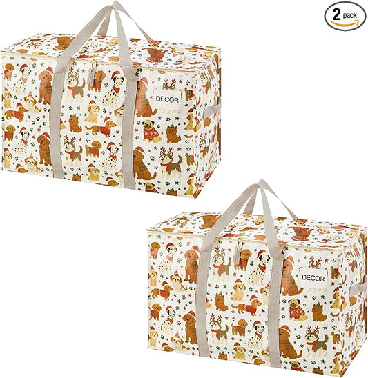 VENO 2 Pack Moving Bags and Large Christmas Storage Bins with lids. Alternative to Moving Boxes, Packing Supplies for College. Extra Large Heavy Duty Totes for Packaging (Holiday Pups, 2 Pack)
