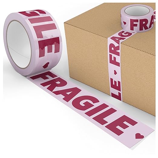2 Rolls Fragile Packing Tape + Dispenser, Pink Burgundy Heart Cute Designer Packaging and Shipping Supplies for Small Business, 1.88" x 110 Yards (330 feet), Two 55 Yard Rolls