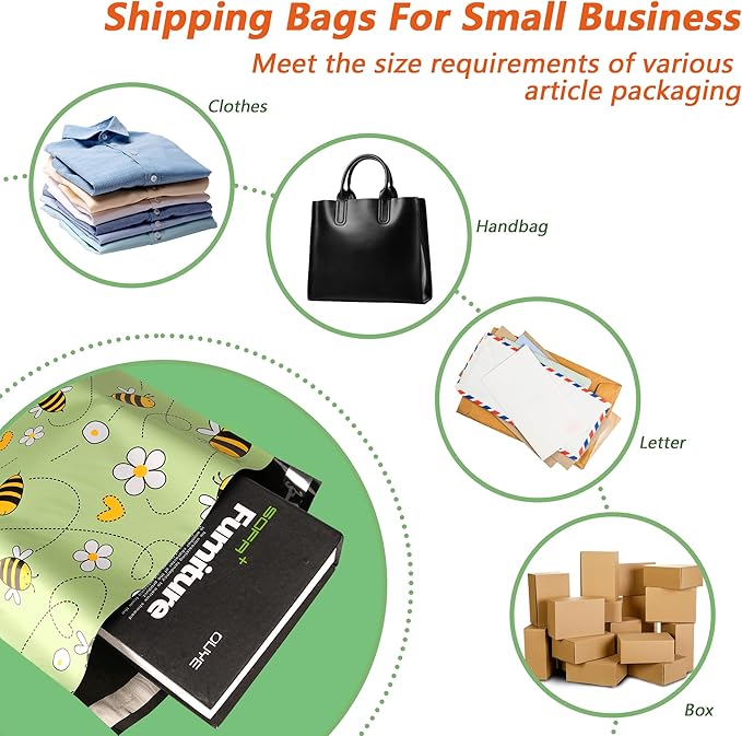Poly Mailers 12x15.5 Inch 50 Pcs - Bee printed Shipping Bags, 2.4mil Thickness, Waterproof and Tear Resistant Mailing Envelopes, Self-Sealing Packaging Bags for Small Business