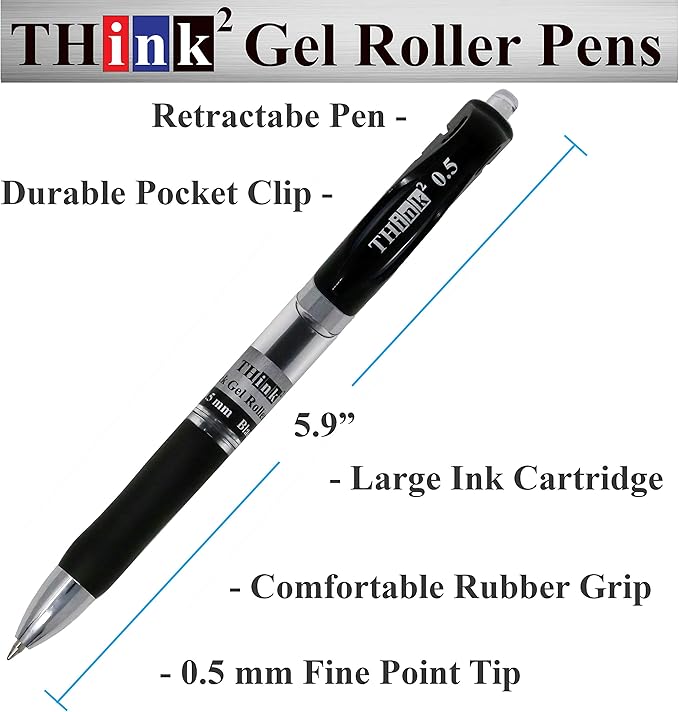 THINK2MASTER [24 Pens - 3 Colors] Think2 Retractable Gel Pens. (18 Black, 3 Red, 3 Blue) Fine Point (0.5mm) Rollerball Pens with Comfort Grip.