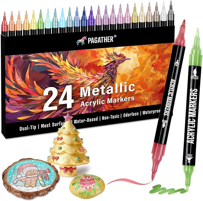 24 Metallic Colors Acrylic Paint Markers, Dual Tip with Fine Tip and Brush Tip Pens for Stone, Wood, Calligraphy, Canvas, Ceramic, Metal, Glass, Rock Painting, DIY Crafts
