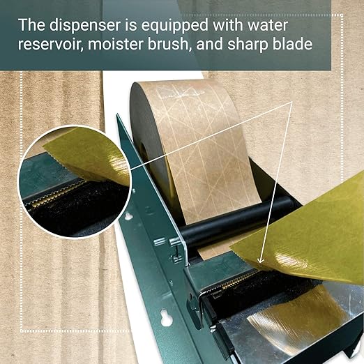 IDL Packaging Dispenser with 2 Rolls of Reinforced Water-Activated Kraft Gummed Tape, Water Reservoir & Moister Brush
