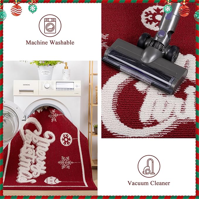 Christmas Doormat with Non Slip, Loop Pile Red and White Indoor Christmas Welcome Mat with Absorbent & Dirt-Trapping, Outdoor Christmas Tree Door Mat Front Porch Decor 32x48 Inch