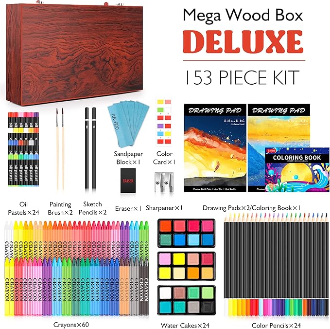 Caliart Art Supplies, 153-Pack Deluxe Art Set in Wooden Case, Crafts Drawing Painting Kits with 2 A4 Sketch Pads, Coloring Book, Christmas Birthday Gifts for Teens Girls Boys Kids Adults Artists