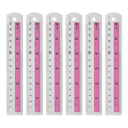 HARFINGTON 6pcs Metal Straight Ruler 15cm Metric SAE Aluminum Alloy Measuring Rulers Scale Tools with Hole for Measure Study Reading Classroom Office, Pink