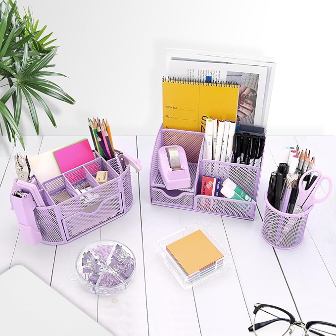 17 in 1 Purple Desk Organizers and Accessories Set, 3 Office Desk Supplies Storage Organization, 4 Pens, Stapler, Staples & Remover, Tape & Dispenser, Scissors, Ruler, Clips, Hole Punch Back to School