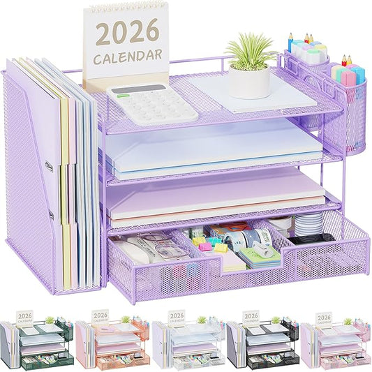 gianotter Desk Organizers and Accessories with File Holder, 4-Tier Desk Accessories & Workspace Organizers with Drawer and 2 Pen Holder, Paper Organizer for Office Supplies (Purple)