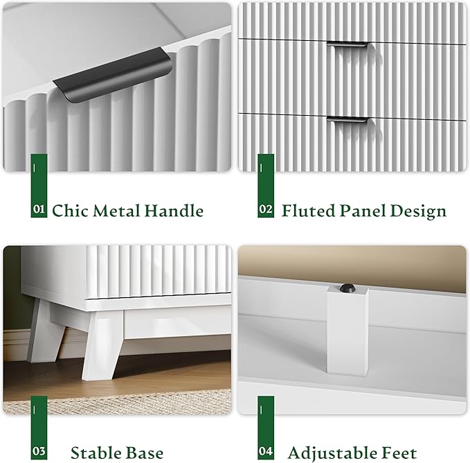 Fluted Dresser with 8 Drawers, 54" Wide Modern Chest of Drawers with Metal Handle, Wooden Dresser TV Stand, Wood Closet Clothes Storage Organizer for Bedroom, Living Room, Hallway, Solid White