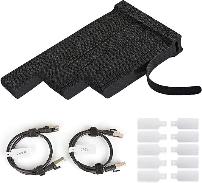 70 PCS Reusable Cable Ties with Hook and Loop, Multi-purpose Adjustable Cable Management Wire Ties & 10 PCS Cable Labels, Cord Organizer for Home, Office and Data Centers (4/6/8 Inch, Black)