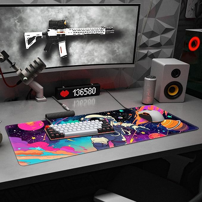 Spaceman Planets Anime Mouse Pad Large Desk Mat XL Mouse Pad Astronaut Keyboard Mousepad with Non-Slip Base and Stitched Edge Gaming Mouse Mat Desk Pad 31.5 X 11.8 in Mouse Pads for Desk Home Office