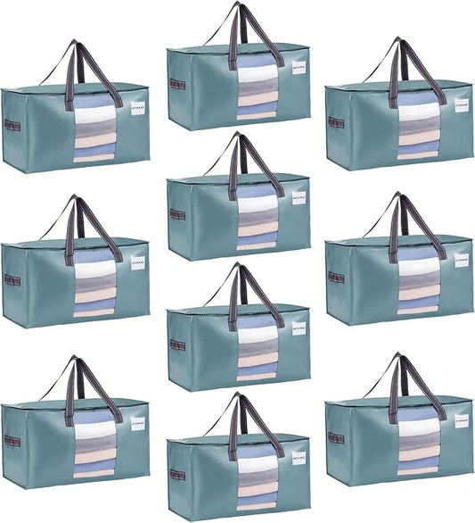 VENO 10 Pack Moving Bags, Comforter and Blanket Storage Bags for Closet, Moving Boxes, Boxes with Lids Alternative, College Dorm Packing Supplies, Foldable Heavy-Duty Tote (Shiny Light Blue, 10 Pack)