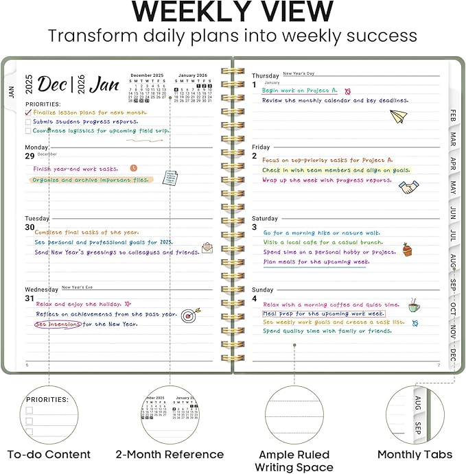 2026 Planner 8.5" x 11", Weekly and Monthly Calendar Planner Book, January 2026 - December 2026, Hardcover Spiral Planner with Monthly Tabs, Notes Pages, Perfect for Women & Men, A4 - Green