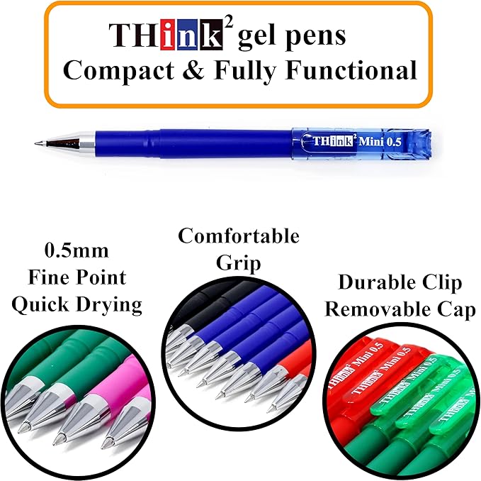 THINK2MASTER [24 Pens - 4 Black, 4 Blue, 4 Red, 4 Green, 4 Pink, 4 Purple Ink Think2 Pocketable Mini Gel Pens. Assorted Colors Fine Point (0.5mm) Small Rollerball Pens