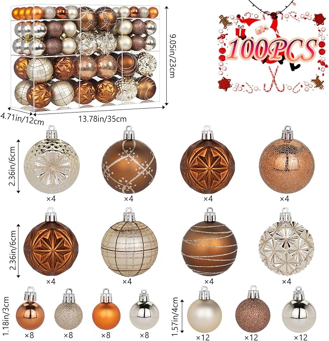 100ct Brown and Gold Christmas Ornaments Set, Shatterproof Fall Thanksgiving Tree Decorations Elegant Champagne Plastic Assortment Xmas Ball Ornaments for Holiday Decor (Brown & Gold)