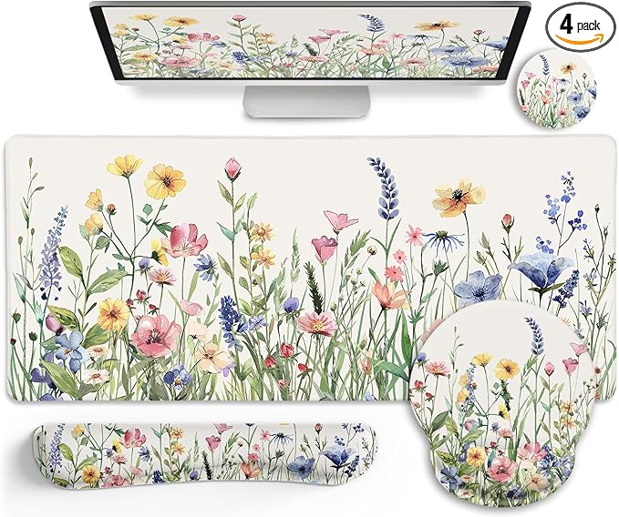 Flower Mouse Pad Set Large Desk Matt for Desktop, Ergonomic Mouse Pad with Wrist Rest, Gaming Wrist Support Keyboard Mat Cup Coaster Set Cute Office Desk Decor Accessories