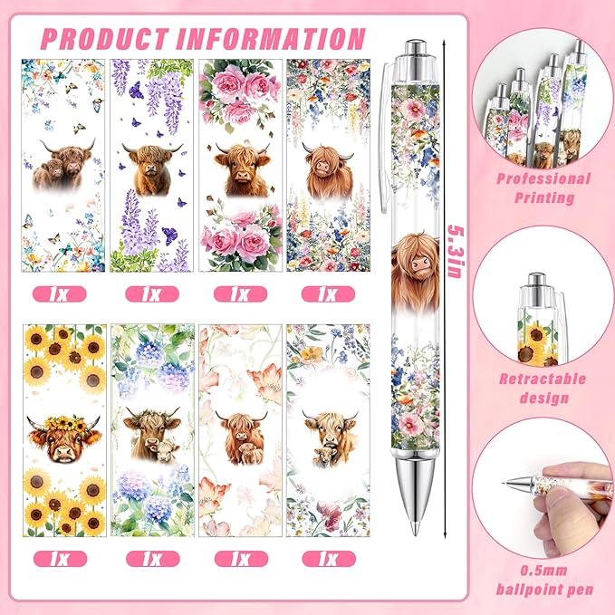8PCS Highland Cow Print Pens with 5 Extra Black Refills Rustic Themed Party Gifts Office Decor Smooth Write Quick-Dry Ink Souvenir for Women Cute Ballpoint Pens for School Home Accessories Stationary