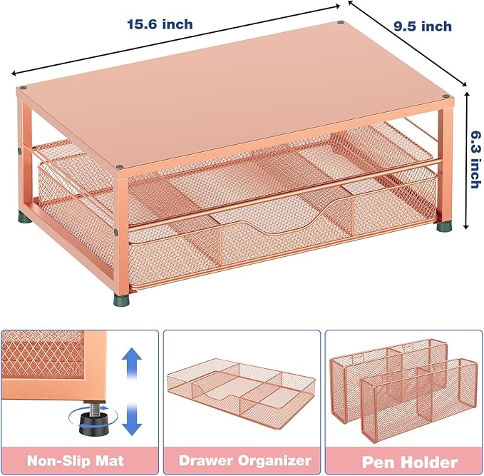 Desk Organizers and Accessories, 2-Tier Computer Monitor Stand with Drawer and 2 Pen Holders, Laptop Stand, Office Desk Accessories for Office Supplies, Rose Gold