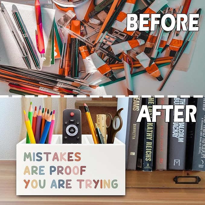 Boho Inspirational Pen Pencil Holder Organizer for Desk, Positive Inspirational Gifts, Mistakes are Proof You are Trying Motivational Wooden Box Sign for Classroom Desk Tabletop Decorations