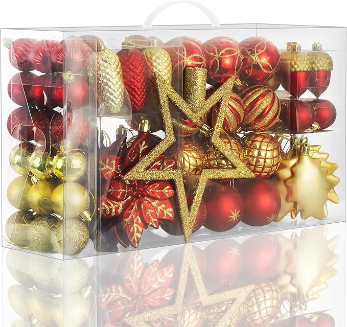 LARAINE Christmas Balls Ornaments 106 Pcs Decorations for Christmas Tree, Shatterproof Hanging Ball Variety Gift Set of Holiday Party Wedding Decoration (Red&Gold)