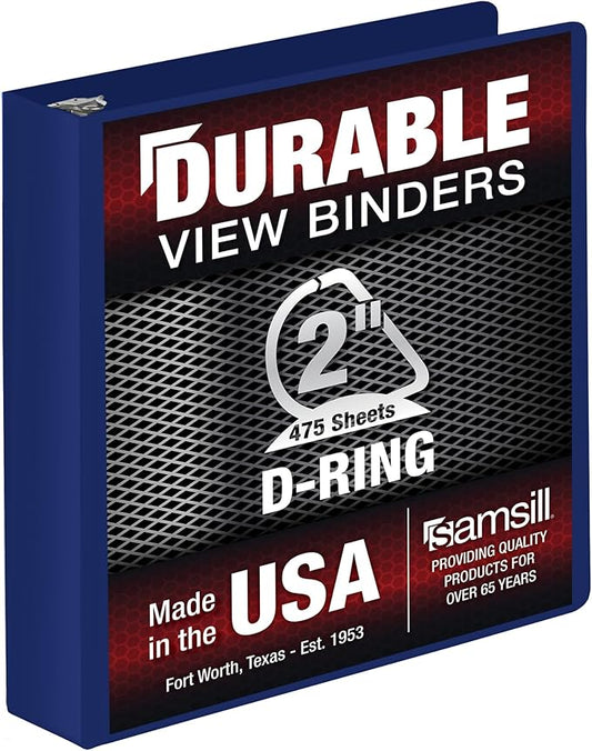 Samsill Durable 2 Inch Binder, Made in The USA, D Ring Binder, Customizable Clear View Cover, Dark Blue, Holds 475 Pages