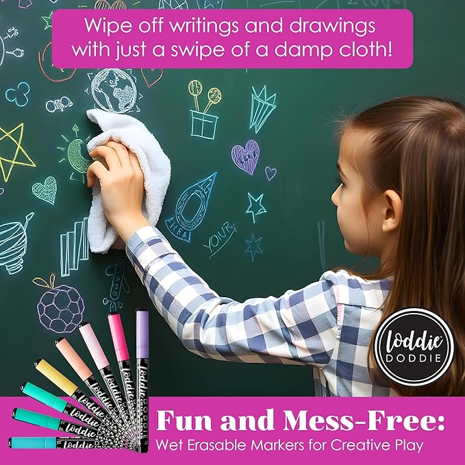 Loddie Doddie Liquid Chalk Markers Fine Tip - 8 Pack Macaron Pastel 1mm - Erasable Low-Odor Ink For Chalkboard & Dry Erase Markers - Non-Toxic Smudge-Proof