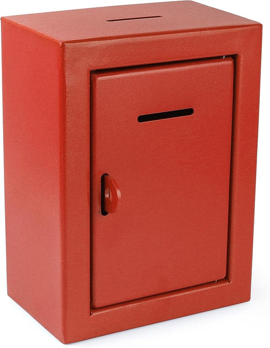 Secure Metal Charity Collection Box - Steel, Drop Box with Slot, Easy Wall Mount, 8.5x6.5x4", "Red