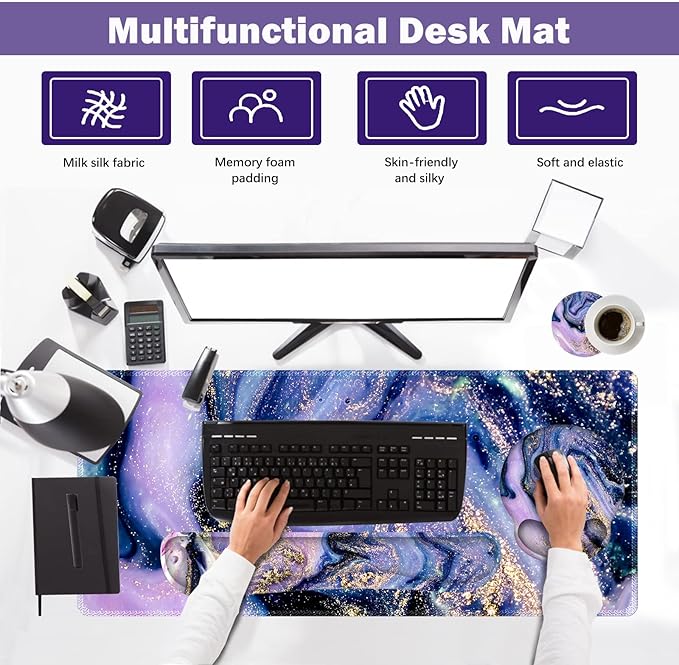 ARTSO Large Mouse Pad Ergonomic Keyboard Wrist Rest Support Combo, Memory Foam Gel Wrist Pad, Extended Desk Mat Protector, Non-Slip Desk Blotter, Purple Marble