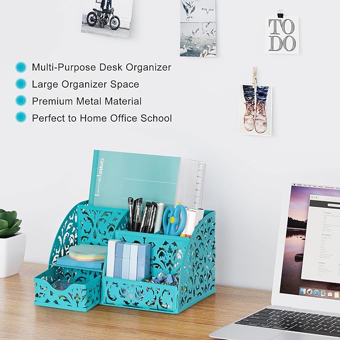 EasyPAG Pen Holder Desk Organizer with Drawer Pencil Cup for Desk 6 Compartments Metal Office Caddy Storage with Sticky Notes Holder for School Home Office, Dark Teal