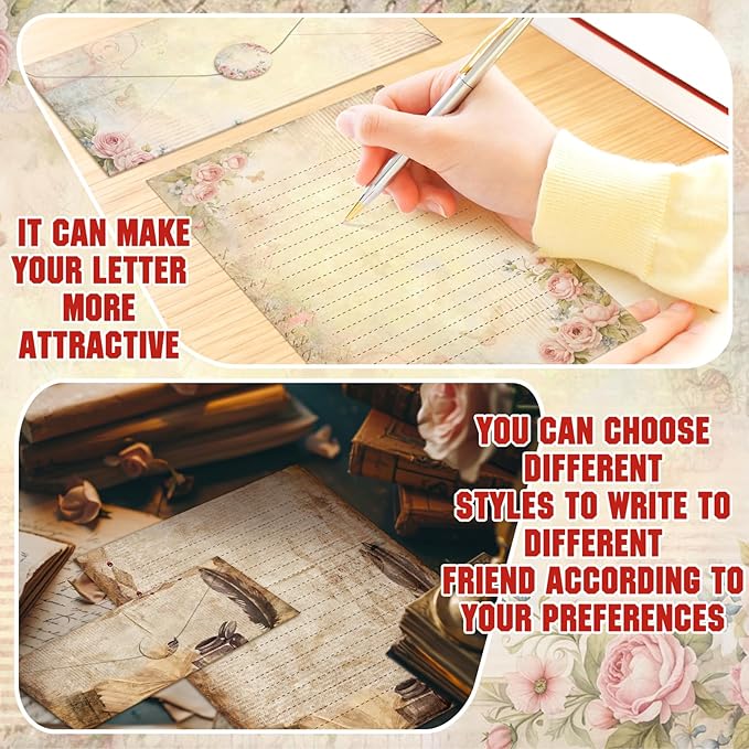 TaoBary 160 Pcs Stationery Paper Set 50 Double Sided Stationery Papers with 50 Matching Envelopes and 60 Round Dot Sticker, 10 Design(Lace Edged Scrapbook,8.5 x 11 Inch)