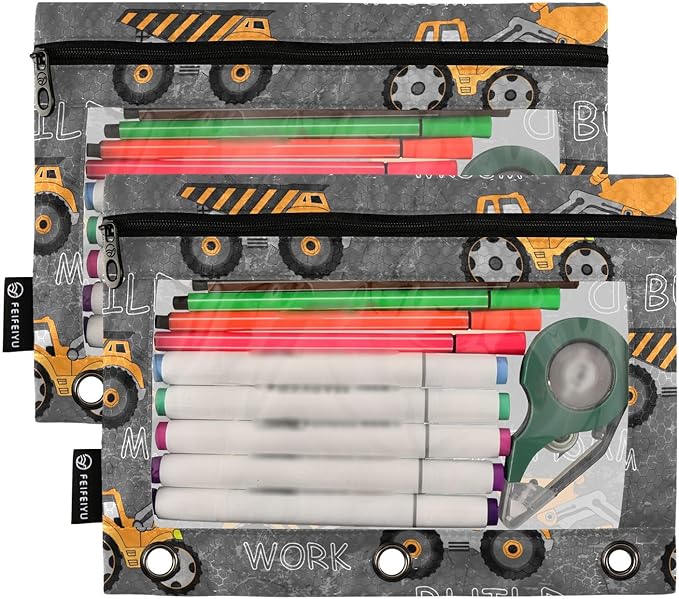 ZAZYXTJ Truck Binder Pencil Pouchs 3 Ring with Zipper Clear Window Office Organizers bag for School Students Teacher Supplies 2 Pack