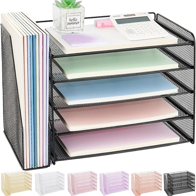 OPNICE 5-Tier Paper Organizer with Magazine Holder, Desk Organizers and Accessories, Office Desk Accessories & Workspace Organizers, Desktop File Organizer for Office Supplies Storage, Black