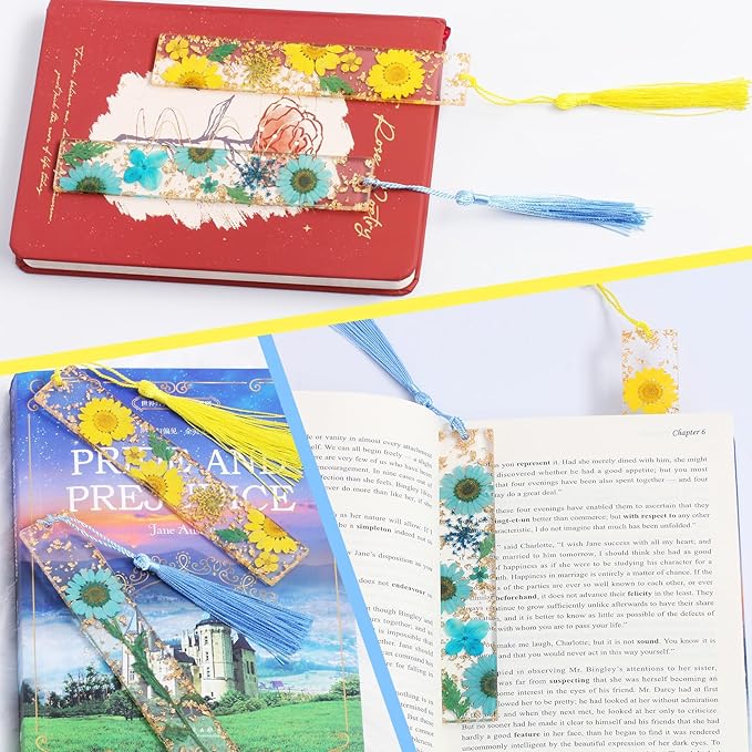 Bookmarks for Women, Kaluofan 2PCS Book Markers for Reading, Durable Handmade Dried Flower Resin Bookmarks with Tassels, Pretty and Increase Reading Interest