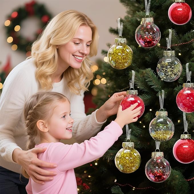 DeckTheHalls Christmas Ball Ornaments Set, 32-Piece Clear Plastic Decor for Crafts, Reusable DIY Festive Tree Decorations, Easy Hang Unbreakable Ornaments for Holiday, Party, Wedding (Red & Gold)