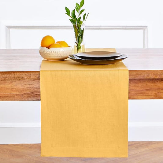 Solino Home Linen Table Runner 120 Inches Long - 100% Pure Linen Mustard Yellow Table Runner 14 x 120 Inch for Thanksgiving - Fete