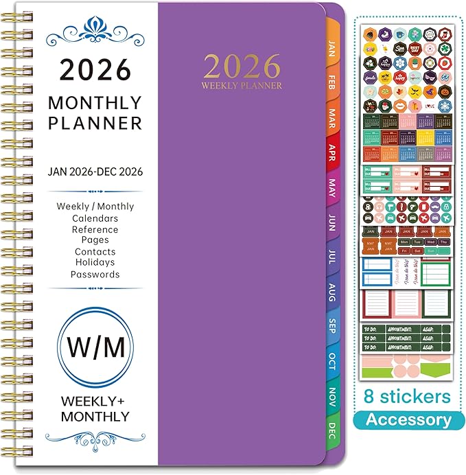 2026 WeeklyMonthlyand Yearly Planning Calendar with 8 Stickers, 6" x 8.25" Planner, Softcover, Spiral Bound, Laminated Labels, Laurel Series (Purple)