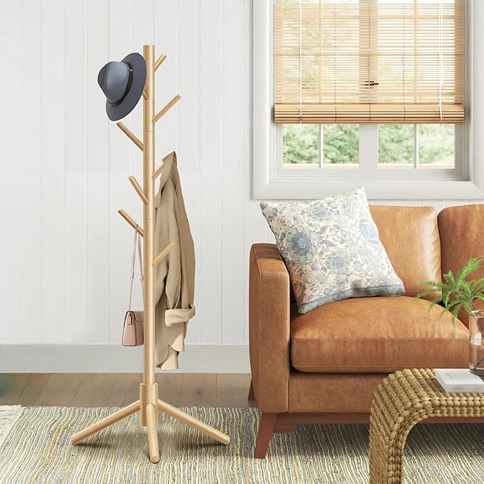 Wooden Coat Rack, Free Standing Coat Rack with 8 Hooks 3 Adjustable Heights for Clothes, Hats, Handbags, Coat Tree Easy Assembly for Entryway, Bedroom, Hallway, Office(2PCS)