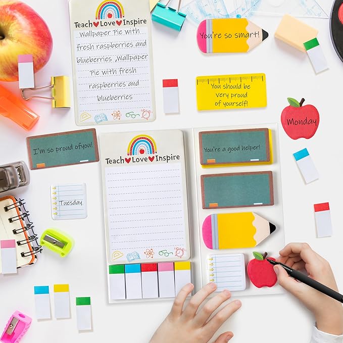 Xqumoi 2 Pack Teaching is A Work of Heart Sticky Notes Set - Ruler Blackboard Pencil Apple Self-Stick Note Pads Teacher Appreciation Gift Writing Memo Pads Page Marker Back to School Office Supplies