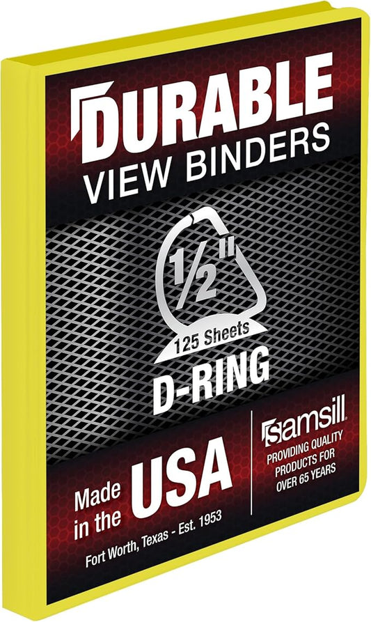 Samsill Durable 0.5 Inch Binder, Made in The USA, D Ring Binder, Customizable Clear View Cover, Lemon Yellow, Holds 125 Pages