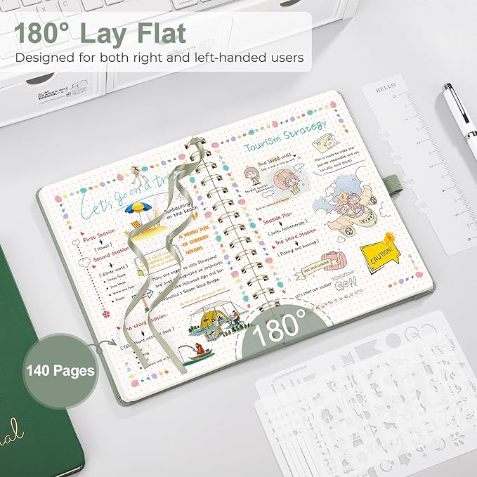 EMSHOI B5 Bullet Dotted Journal Notebook -140 Pages 100GSM Dot Grid Paper, Vegan Leather Floral Cover with Spiral Binding for Bullet Journaling, Bible Study, Work & School - Includes Ruler -Dark Green