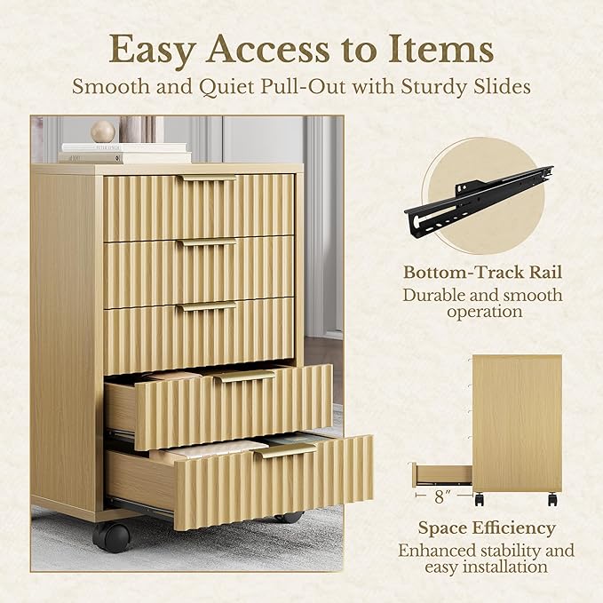 5 Drawer Chest, Under Desk Storage Wood Drawers with Wheels,Fluted File Cabinet for Home Office, Light Walnut