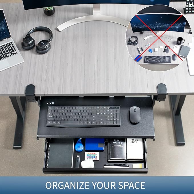 VIVO Large Height Adjustable Clamp-on Keyboard Tray, Extra Sturdy Pull Out Platform with Storage Drawer, 27 (33 Including Clamps) x 11 inch Slide-Out Tray with Organizer, Black, MOUNT-KB05HB-DR