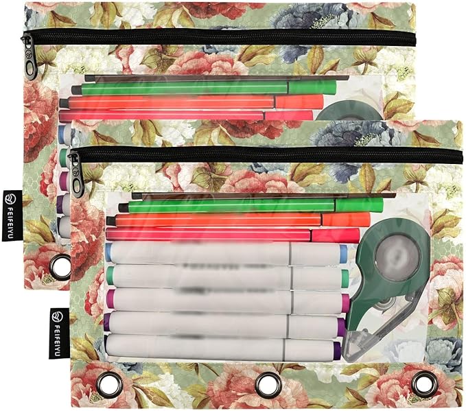 ALAZA Pencil Pouch for 3 Ring Binder, Retro Peony Floral Binder Pencil Pouches with Clear Window Zipper Pencil Case Cosmetic Bags for Office College Supplies, 2PCS